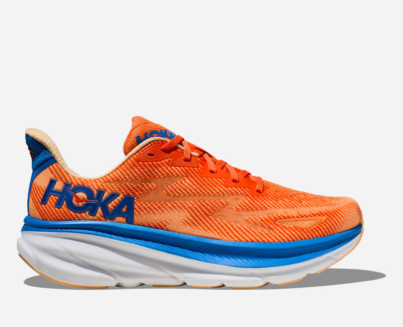 HOKA Men’s Clifton 9 Running Shoes (Vibrant Orange/Impala) Wide